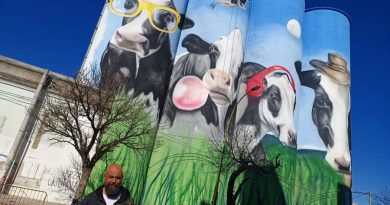 San Francisco: El autor de obras sobre Maradona y Quinquela presenta un mural pintado sobre silos centricos